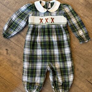 Holiday Plaid Smocked Romper with Candy Cane Smocked Detail